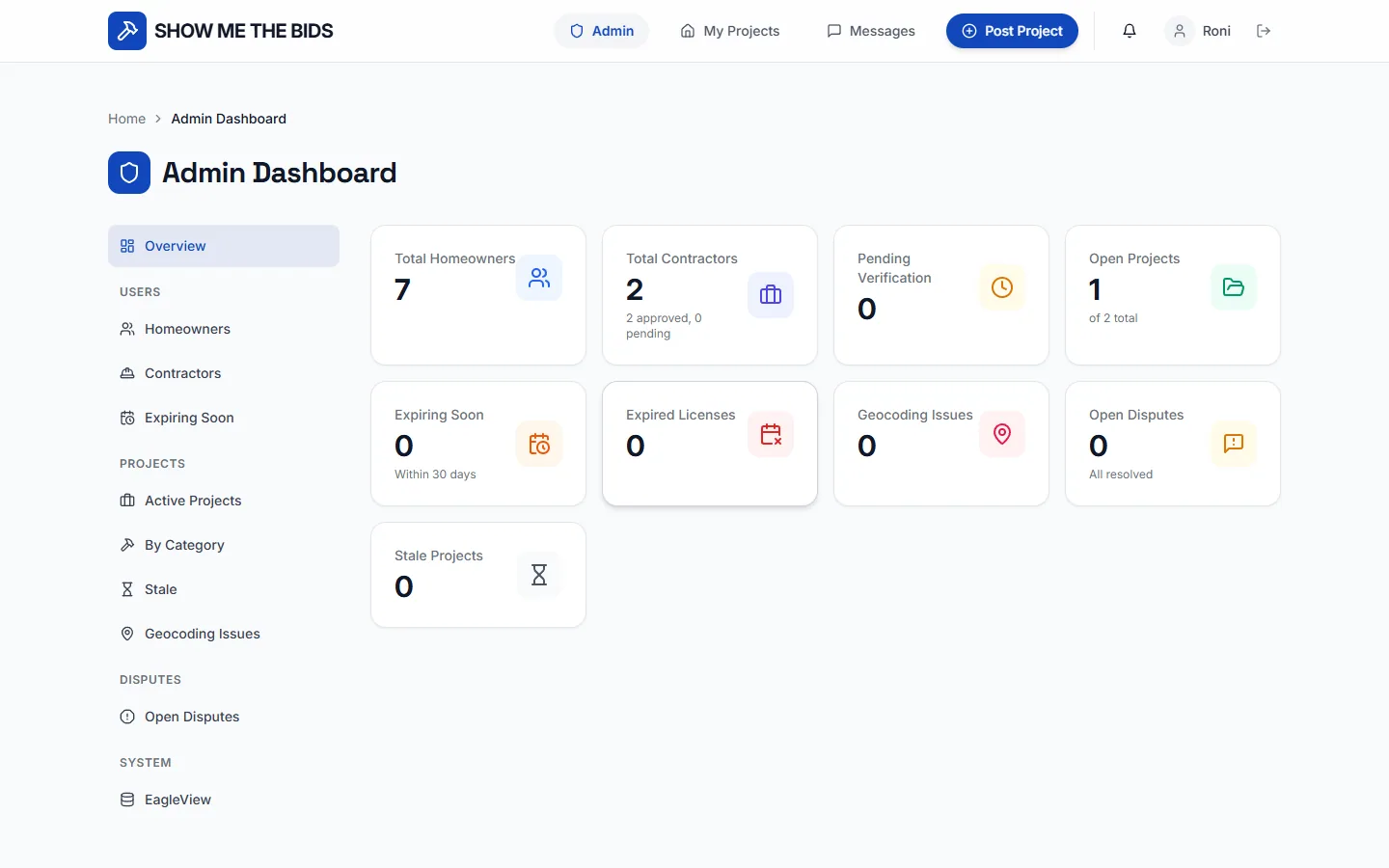 Admin dashboard overview with sidebar navigation and nine stat cards covering homeowners, contractors, projects, disputes, EagleView