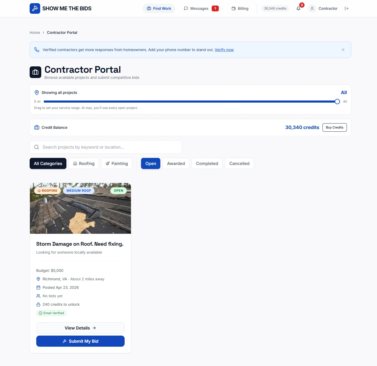 Contractor portal on desktop with credit balance, radius slider, project grid