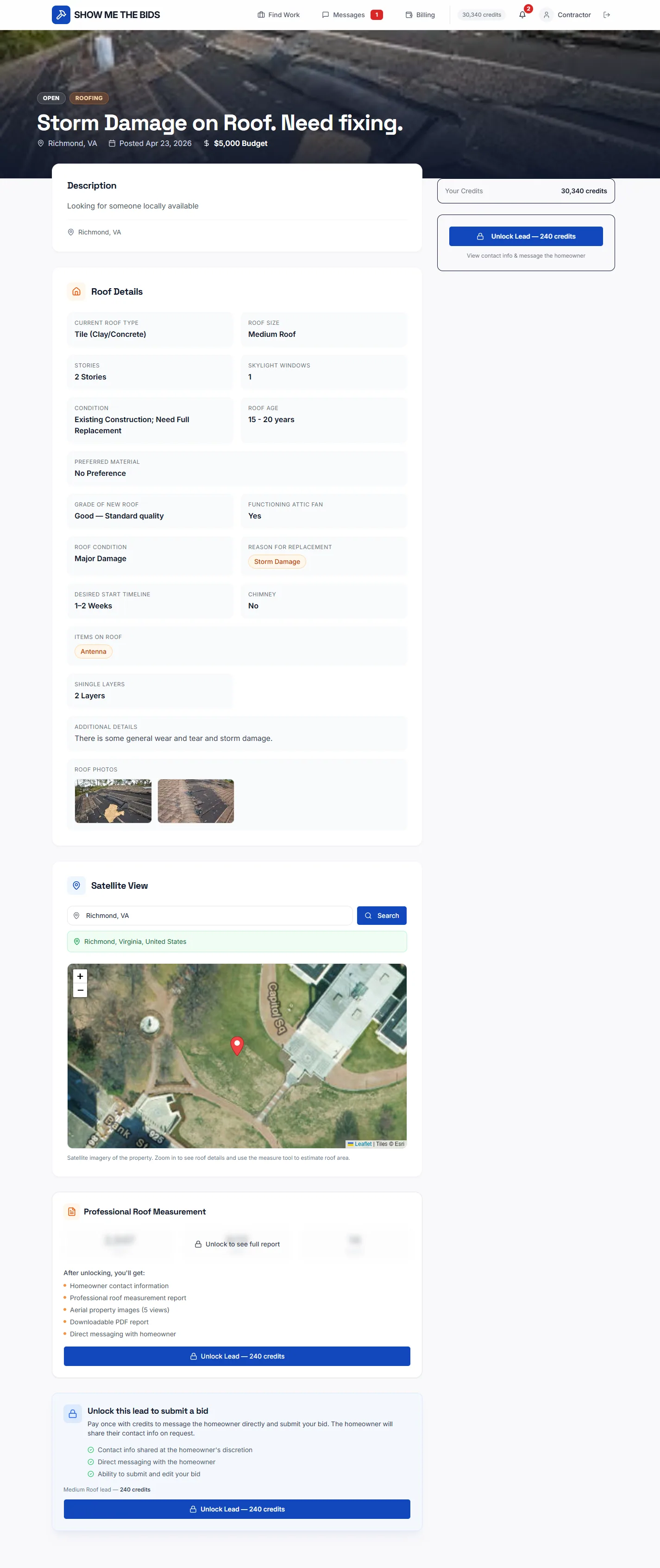 Contractor pre-unlock view with a paywall card replacing the bid form