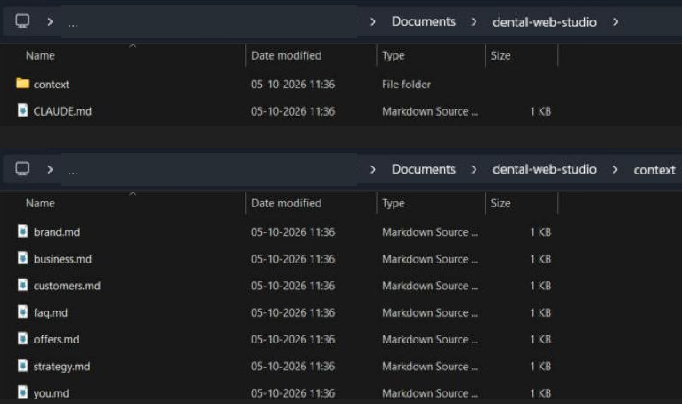 Two File Explorer views of the folder dental-web-studio. The top shows a context folder and CLAUDE.md. The bottom shows the context folder holding brand, business, customers, faq, offers, strategy and you, all .md files