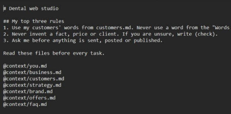 CLAUDE.md open in a dark text editor: a Dental web studio heading, three numbered rules, then seven plain lines each starting with @context/, from you.md to faq.md