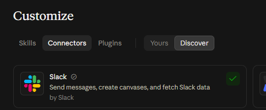 The Discover view in Claude after searching for Slack. The Slack card is the first result, with a green tick