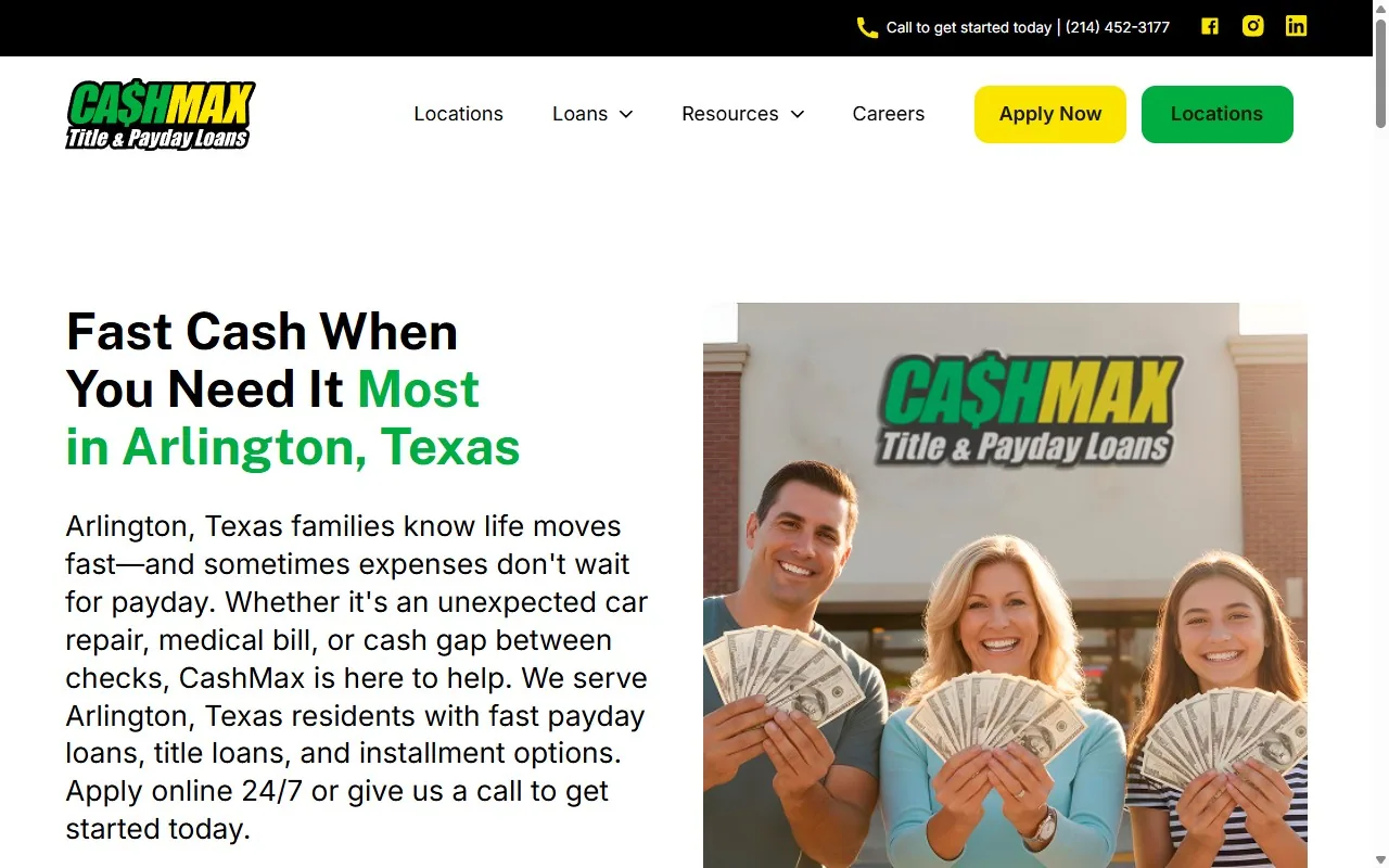 CashMax, Arlington, Texas location page (one of 600+)